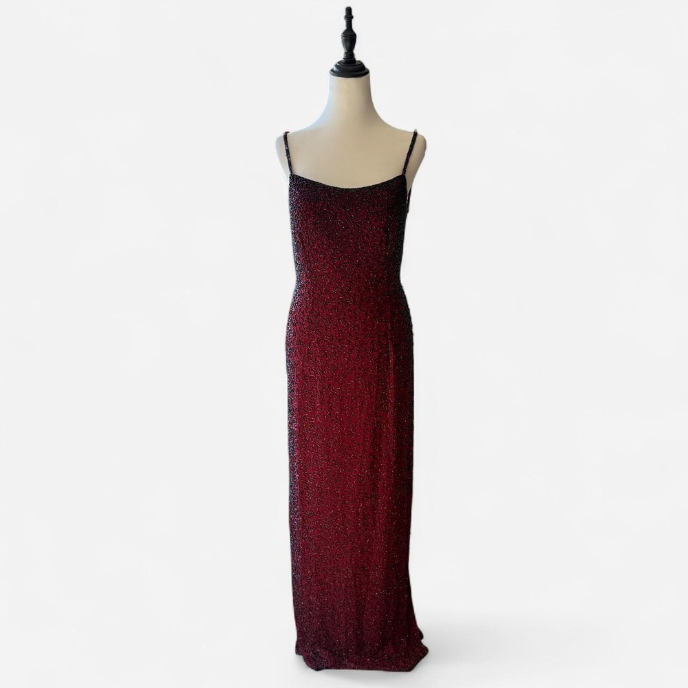 Andretta Donatello Burgundy Beaded Silk Maxi Slip Dress Vintage 90s Large